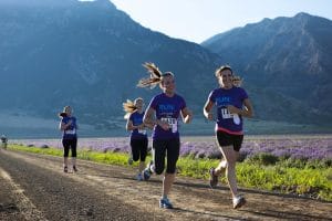 Frauen beim Marathon vor Lavendelfeldern und Bergen